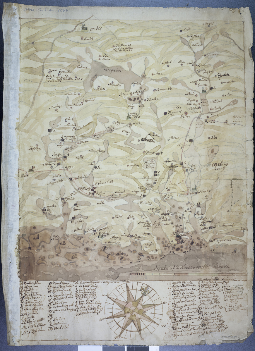 Kart over østre del av Aust-Agder - avmerket kirker, sager og jernverk