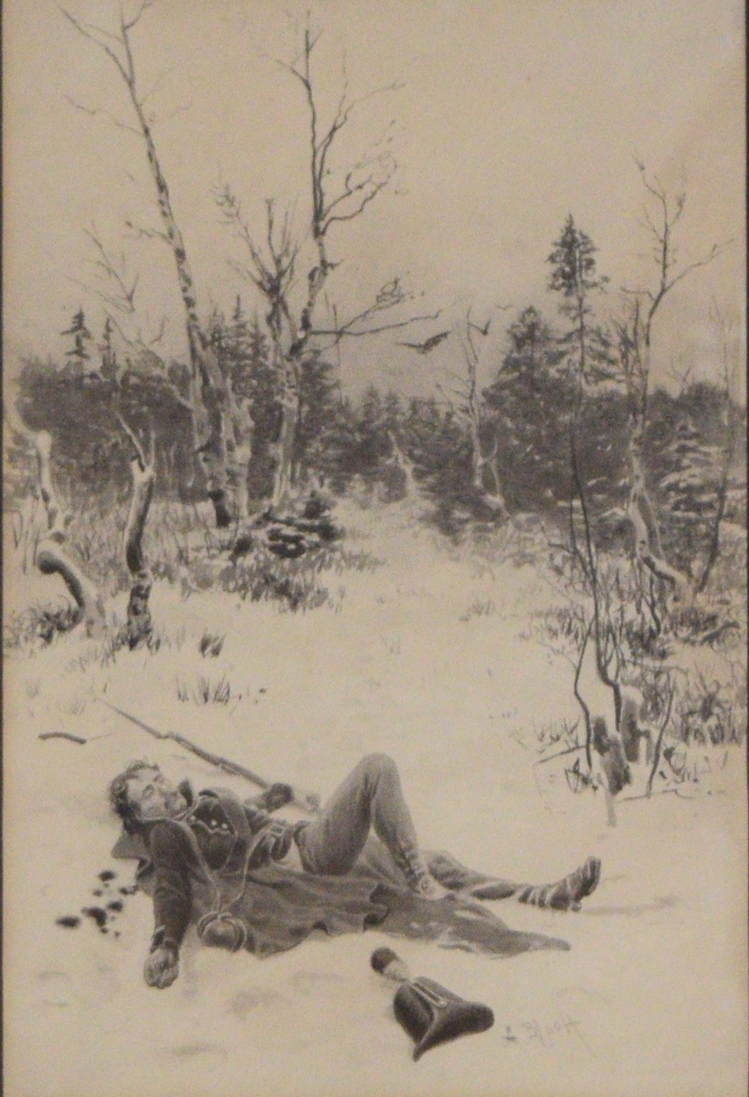 Bildet viser en soldat i uniform fra sent 1700- eller tidlig 1800-tall som ligger såret i snøen. Tydelige blodflekker ved siden av ham ikke langt fra hodet. Flere trær i bakgrunnen.