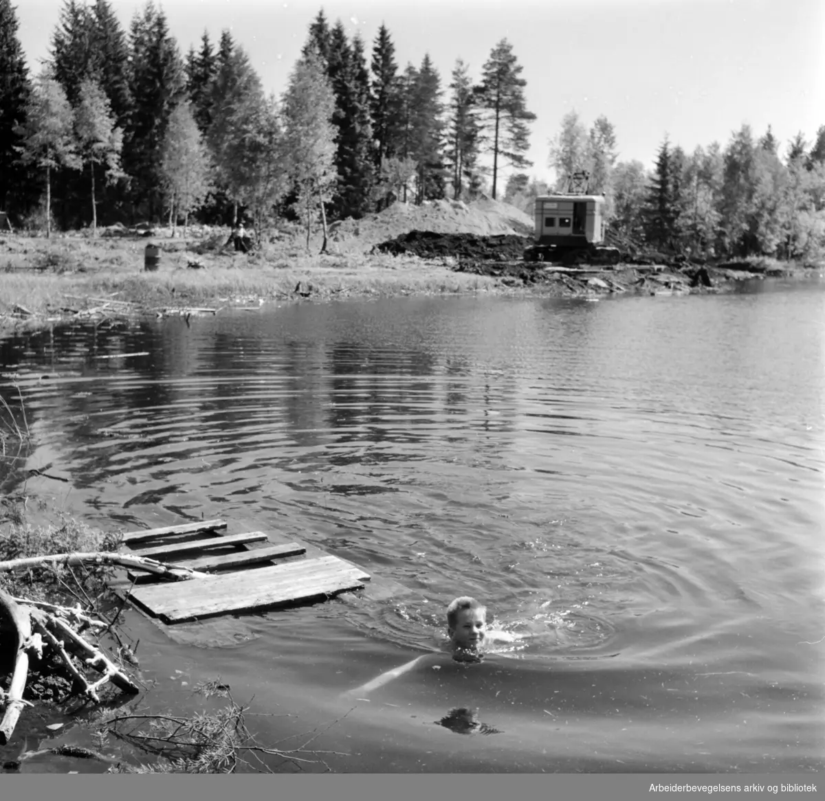 Grorud: Vesletjern. Bading i Vesletjern. Bjarne Arnesen tar en dukkert. Juni 1959