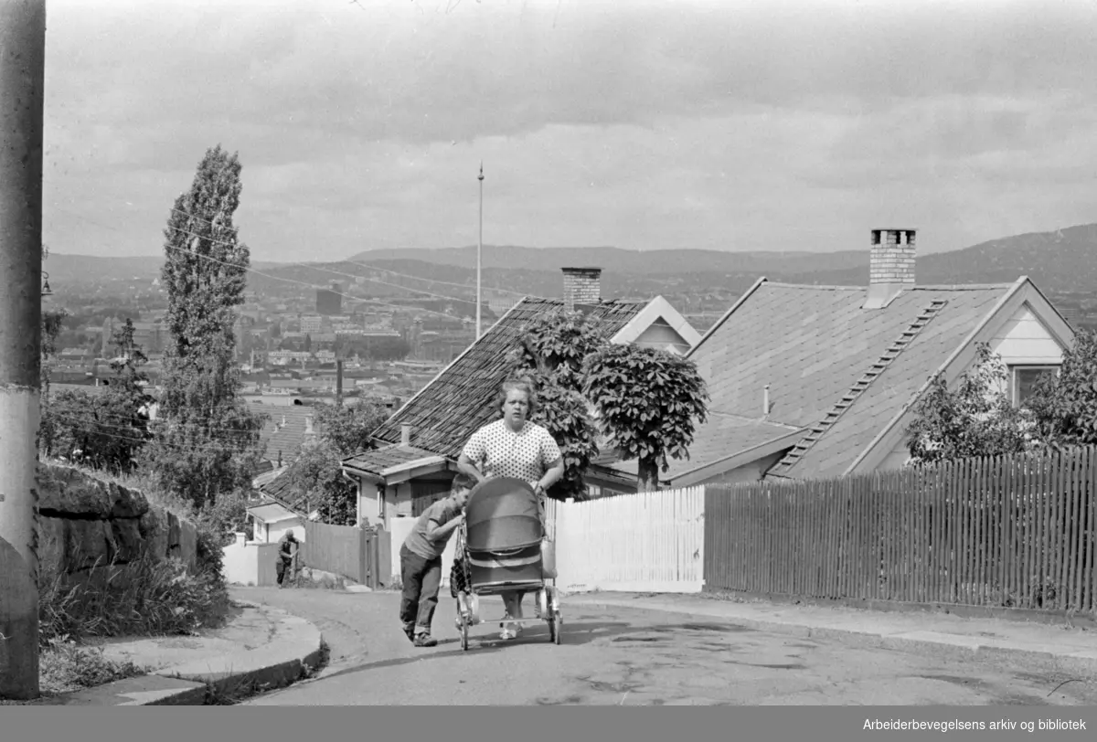 Ekebergveien. Gamle hus. Ekebergveien 34 og 32 til høyre. Nr. 30 skimtes til venstre. Juni 1964