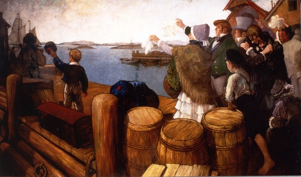 Maleriet av "Restauration som forlater Stavanger", laget av Benjamin Blessum. Malt i 1914.