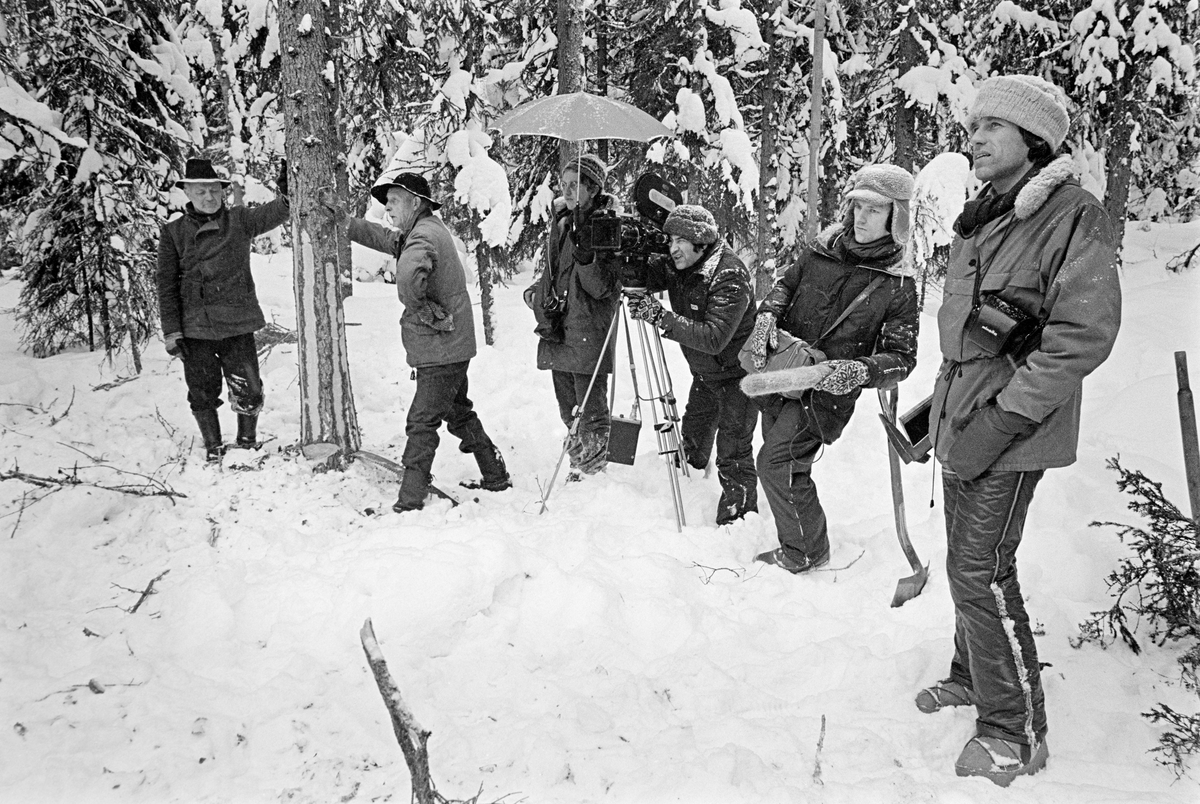 Fjernsynsopptak i skogsmiljø i Nordre Osen i februar 1980.  Bildet viser ei gruppe på fire mannlige medarbeidere fra NRK fjernsynet, som var i gang med dokumentasjon av aktiviteter som skulle vise arbeidsprosedyrer og arbeidsforhold i skogbruket i den førmekaniserte fasen.  Per Egil Hovind var leder for dette prosjektet, som endte med en film som ble vist på 1. mai påfølgende år.  Til venstre for fjernsynsfolkene sto to lokale aktører ved en granlegg som de hadde sokket før den skulle felles.