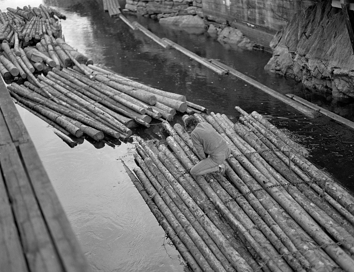 Anne Johansen i arbeid på slusetømmer ved Strømsfoss sluse i Aremark i Østfold.  Fotografiet ble tatt i 1982, som var den siste sesongen det foregikk tømmerfløting i Haldenvassdraget.  Anne Johansen hadde antakelig tatt seg ned på en av buntene for å dele opp ei lenke av tømmerbunter i høvelige slusevendinger.  Tømmeret er ubarket massevirke i tre meters lengder.  Av dette sortimentet gikk det fire bunter i hver slusevending.  Bildet er antakelig tatt i kanalen ovenfor slusa, der det var gangbru på den ene sida og ledelense på den andre. 

En liten historikk om tømmerfløting og kanaliseringsarbeid i Haldenvassdraget finnes under fanen «Opplysninger».