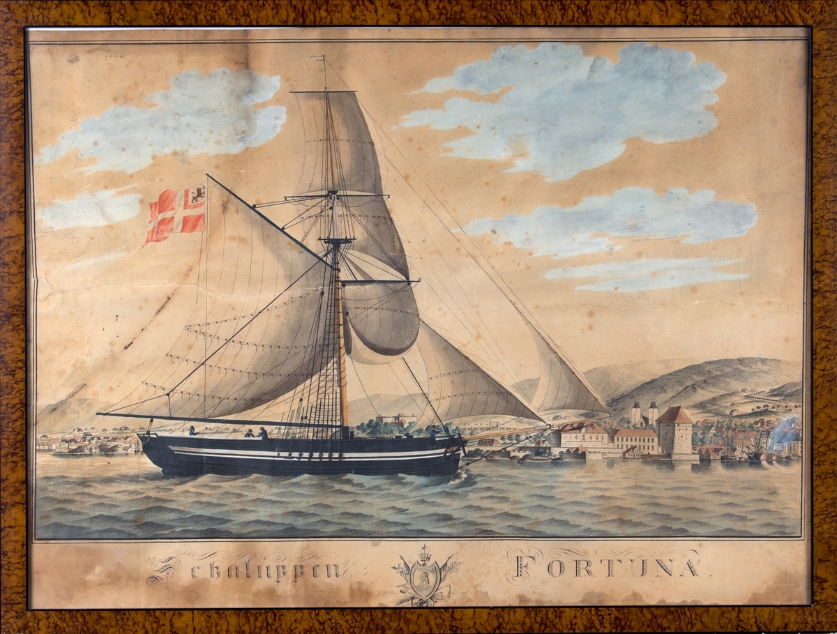 Skipsportrett av slupp FORTUNA med full seilføring på vei inn Bergens Våg, med den norske løve i flagget.