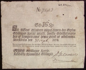 Sedelmynt, 16 sch. sp. 1824. 14 sch. k. 1803.