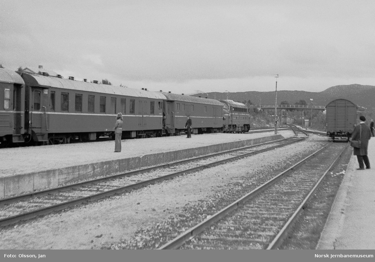 Dagtoget fra Bodø til Trondheim til Bodø, hurtigtog 452, på Fauske stasjon Toget trekkes av diesellokomotiv type Di 3.