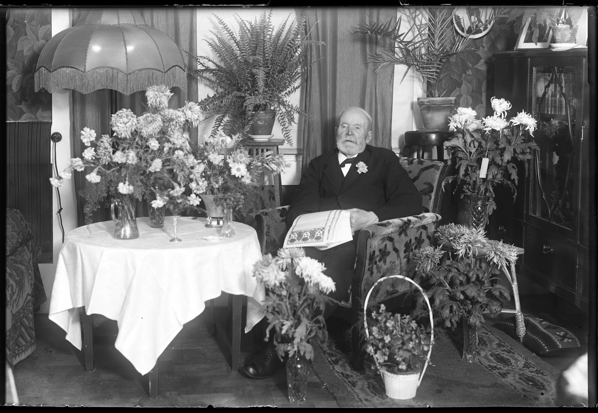 En man omgiven omgiven av blommor sitter i en fåtölj och håller i telegram. Bilden är tagen i samband med hans födelsedag. I fotografens egna anteckningar står det "Kvarnström 90år", tolkat som Anders Magnus Kvarnström.