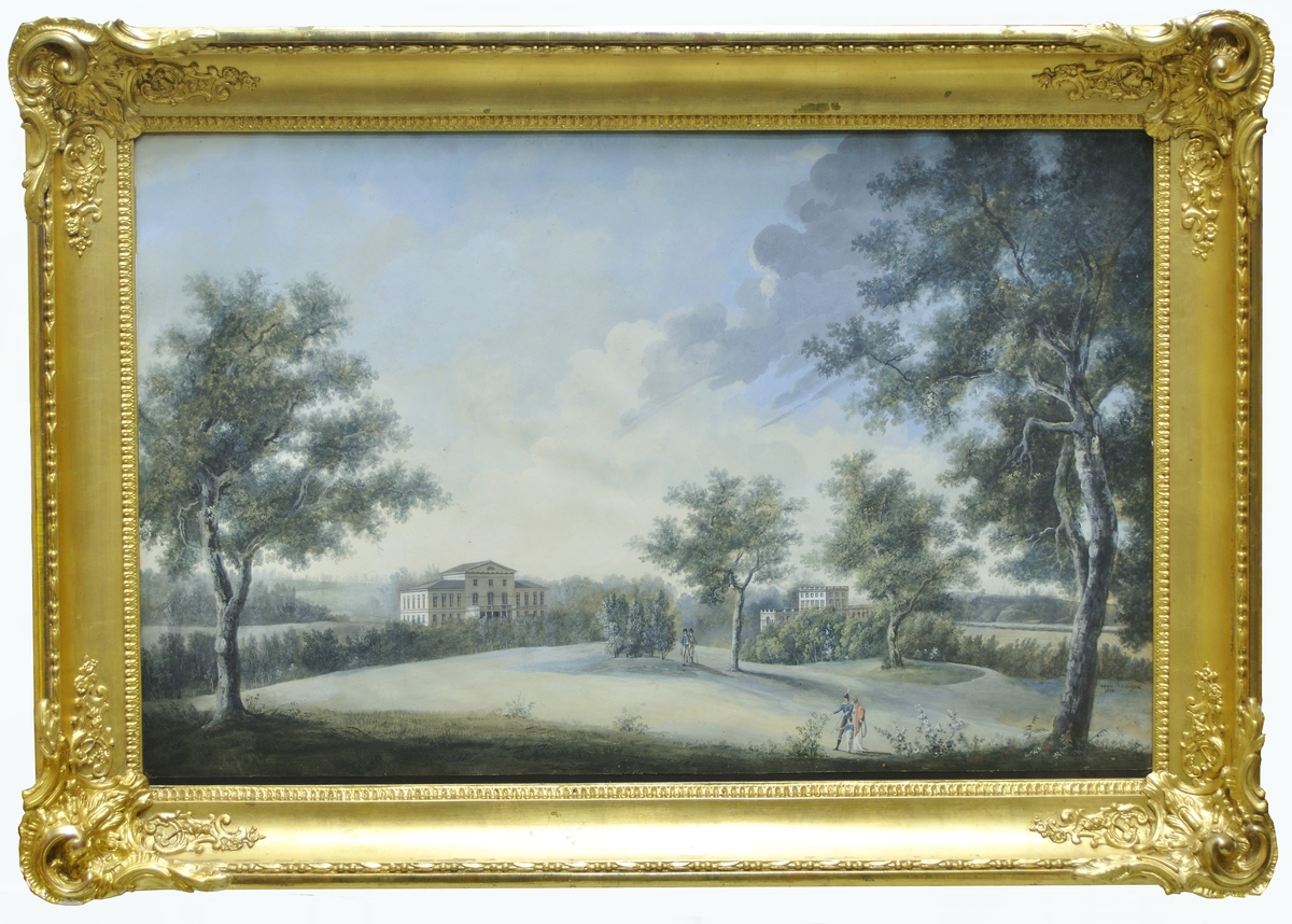 Målning, gouache, föreställande Haga slott. Målningen utförd av Louis Belanger 1814.