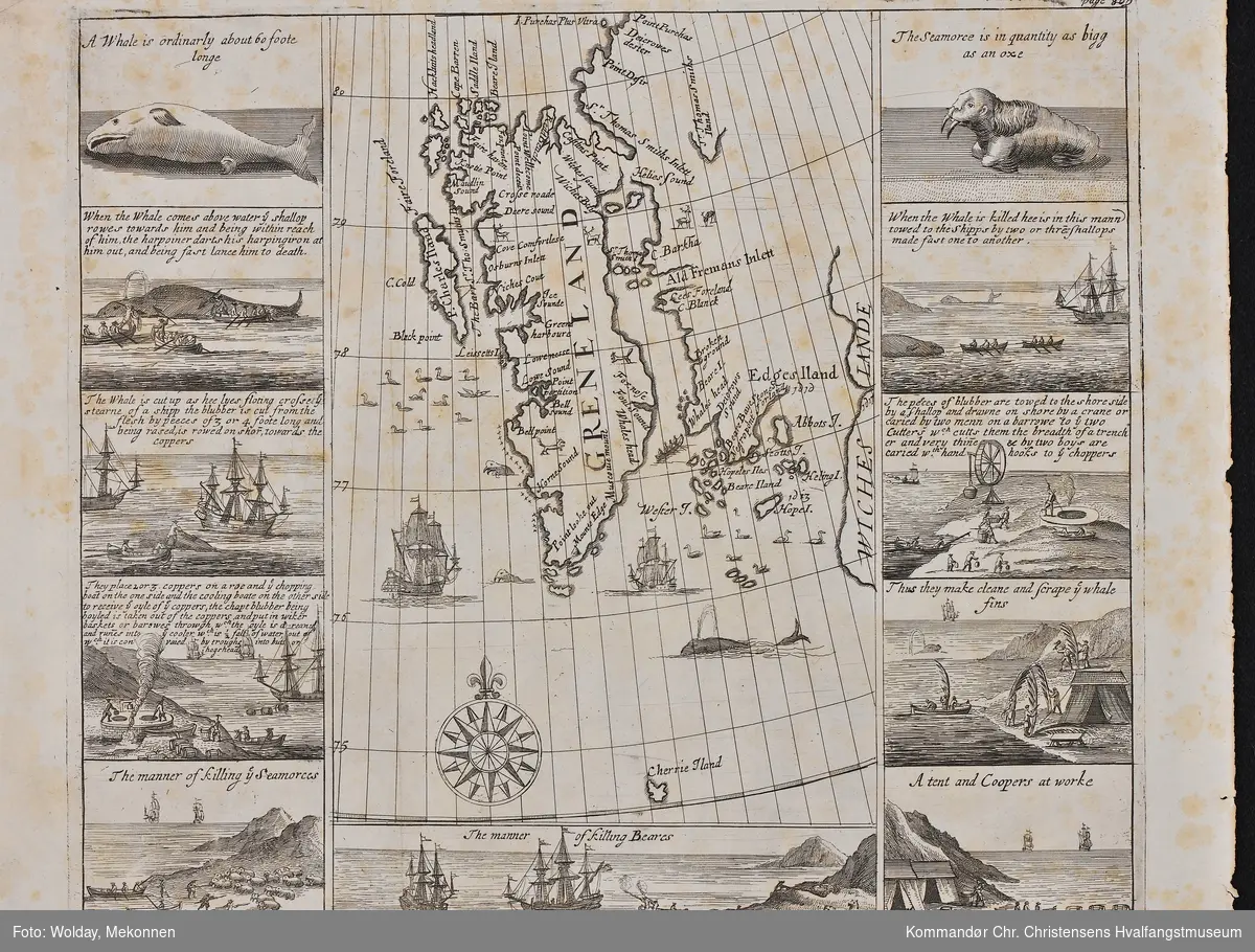 Kart over Svalbard med illustrasjoner som viser hvalfangst m.m. samt tekst på engelsk
