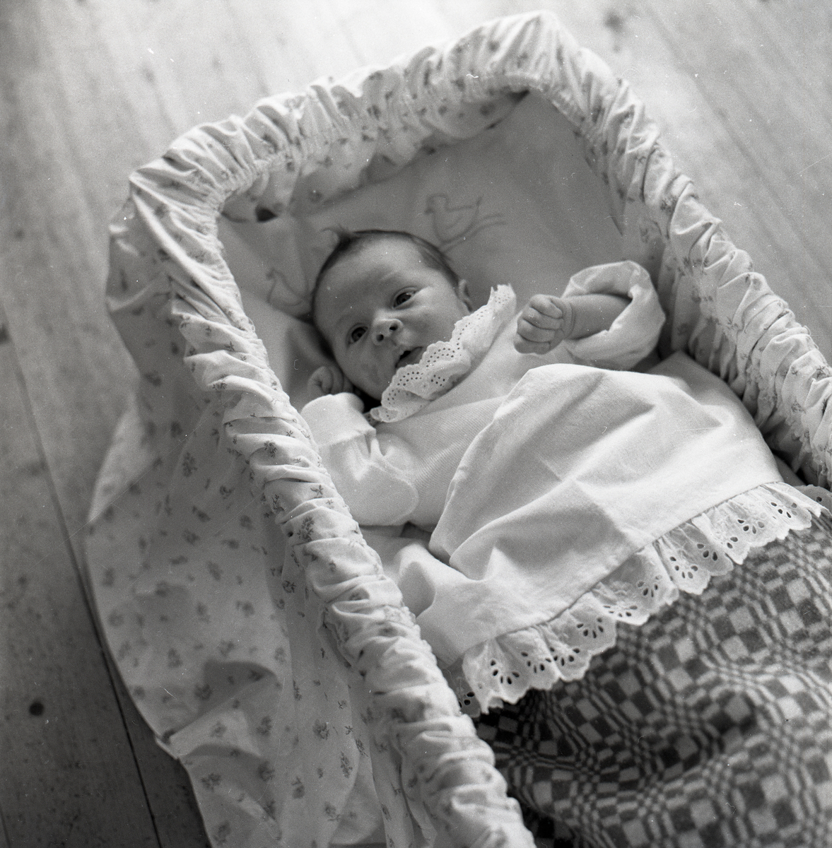 En baby ligger i en tygklädd babykorg med spetskantat lakan den 10 oktober 1955.