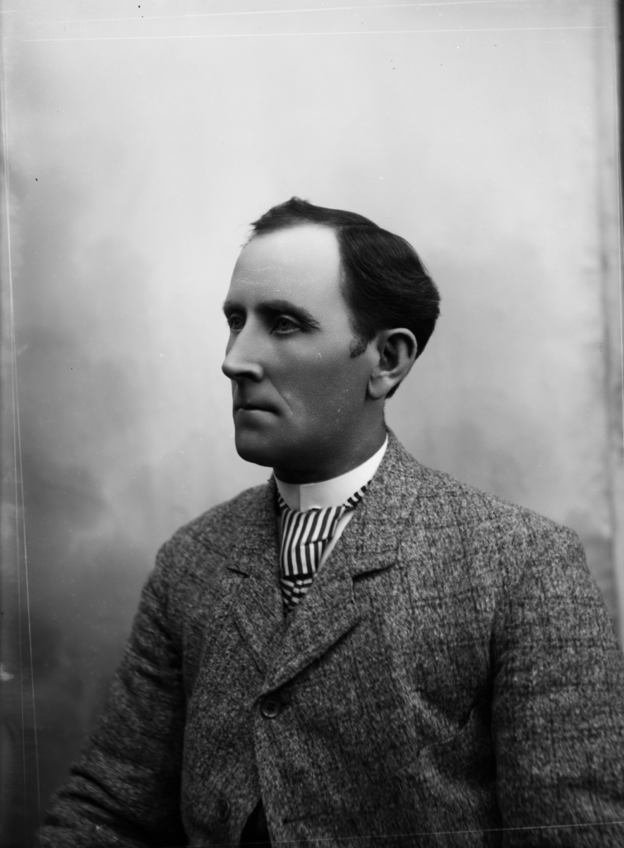 Portrett av mann med grårutet jakke og slips