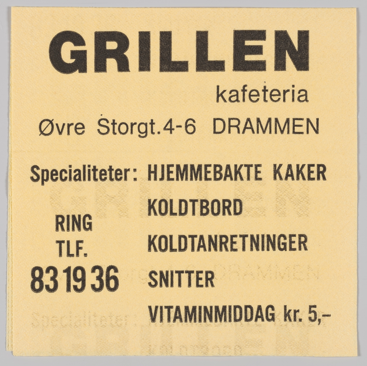 En reklametekst for Grillen kafeteria i Drammen.