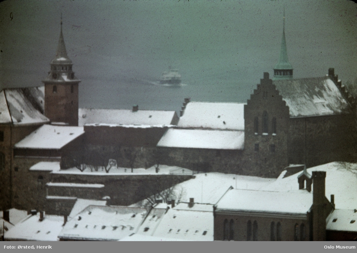 Akershus slott, snø, utsikt, fjord, båt