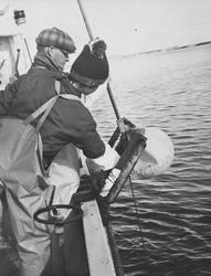 Med båten "Knut" på heimefiske i Dønna. Mann og ungdom i arb