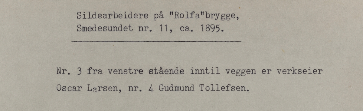 Gruppebilder - Sildearbeidere på "Rolfa" brygge, Smedasundet nr.11, ca.1895