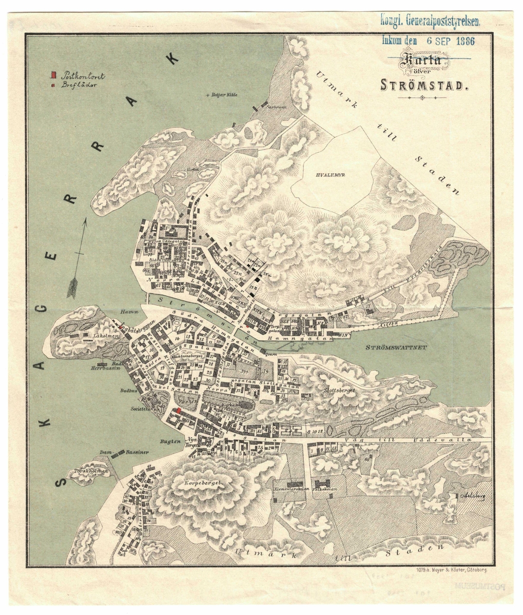Karta över Strömstad med postkontor och brevlådor utmärkta i rött..
