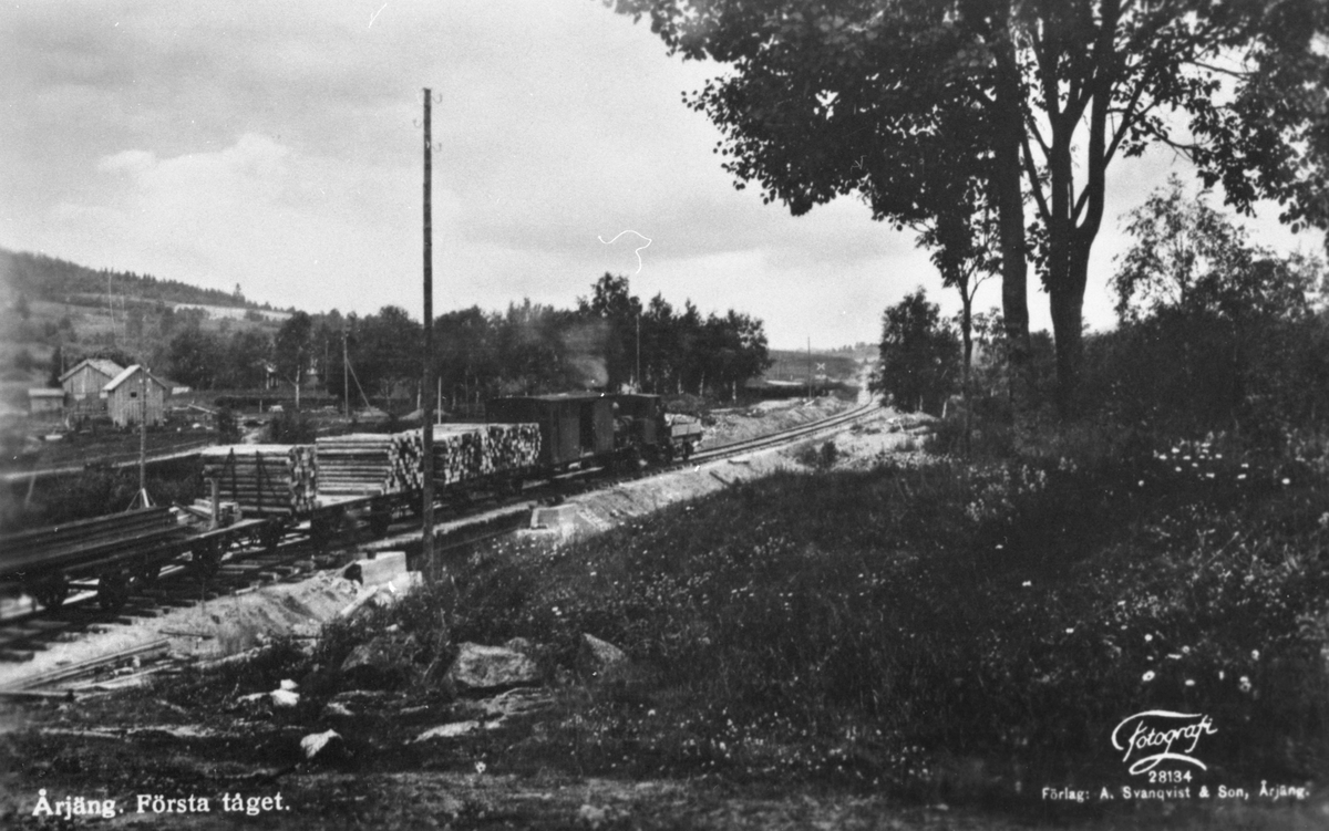 Första tåget till Årjäng station. Station anlagd 1928. Tvåvånings stationshus i trä.