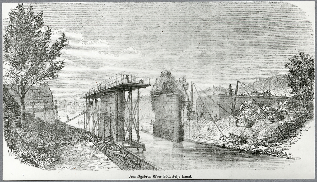 Järnvägsbron över Södertälje kanal under byggnad, 1850-talet.