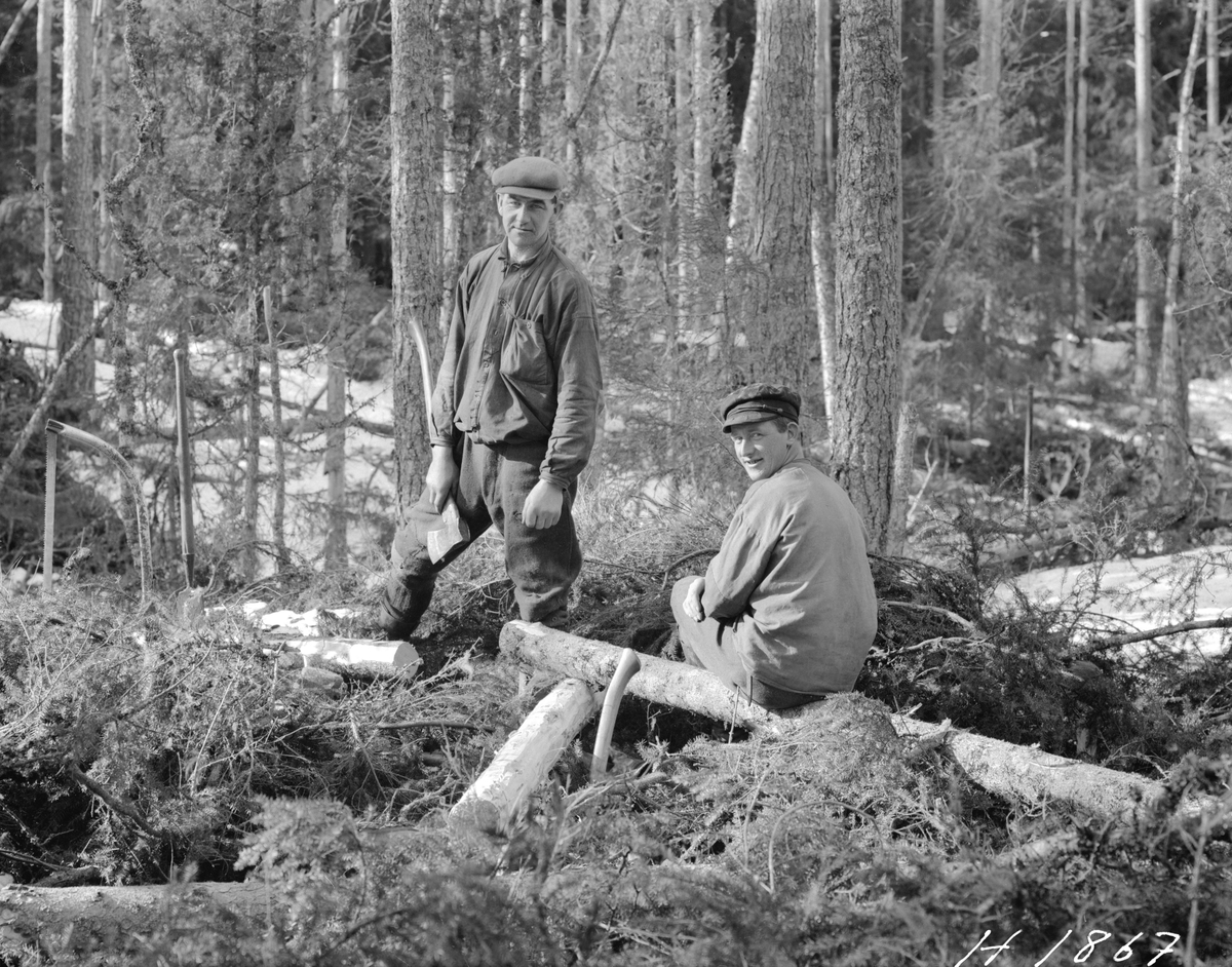 Man kan förmoda att denna bild är ett exempel på spontant tillkomna motiv som bygdefotografen August Christian Hultgren hittade på sina vandringar i Ydre med omnejd. Har har Fritiof Ardemo och David Wilson tagit paus i skogsarbetet. Tiden är omkring 1920.