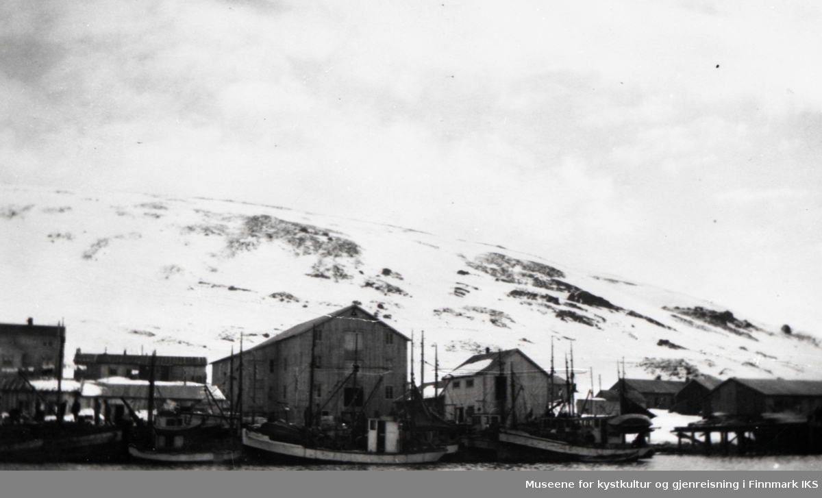Nordvågen. Sjøgrens fiskebruk med flere båter ved kaia. Ca. 1950-tallet.