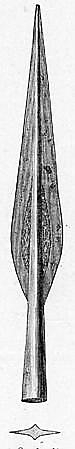 Spydspiss i jern fra yngre romersk jernalder funnet i gravhaug ved østre Lae i 1846