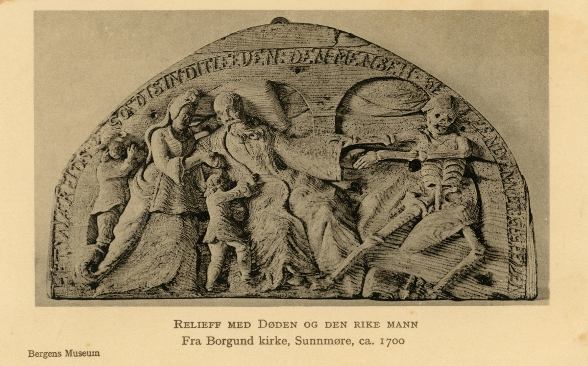 Relieff med Døden og den Rike Mann fra ca. 1700. Forsvant fra Nils Stokbergs gravkapell i Borgund kirke før brannen 1904.