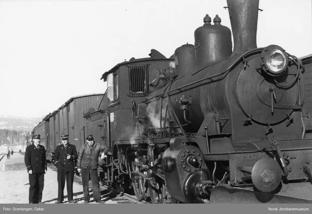 Togpersonalet ved damplokomotiv type 21b nr. 225 på Flesberg stasjon.