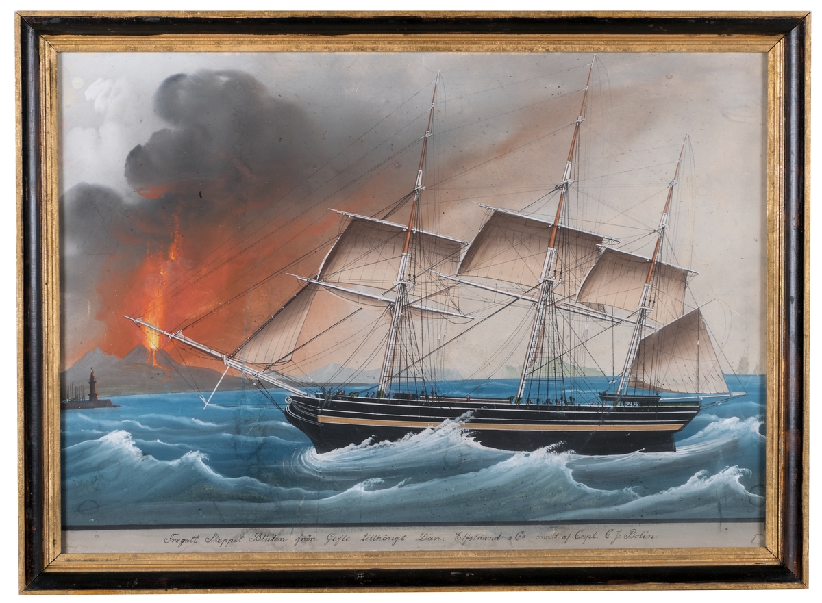 Osignerad fartygstavla föreställande fullriggaren Blixte från Gävle. Tillhörigt Dan Elfstrand & co Kapten C.J Bolin. Skeppet går från hö till vä. för babords halsar. Skrovet är svart med gul rand. Till vä i bakgrunden ser man eldsprutande berg med fyr i havet framför. I horisonte. n bakom skeppet syns bergig kust och till hö ett par skeppKom till Gävles handelsflotta 1837.
