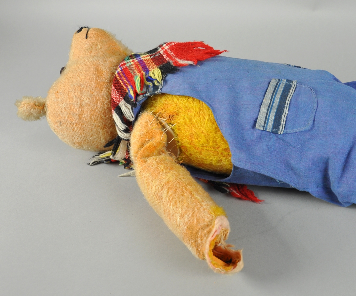 Gul bamse med brune knapper som øyne. Kledd i blå overall, hvite sokker og flerfarget skjerf. Den høyre armen og det venstre beinet er løse.