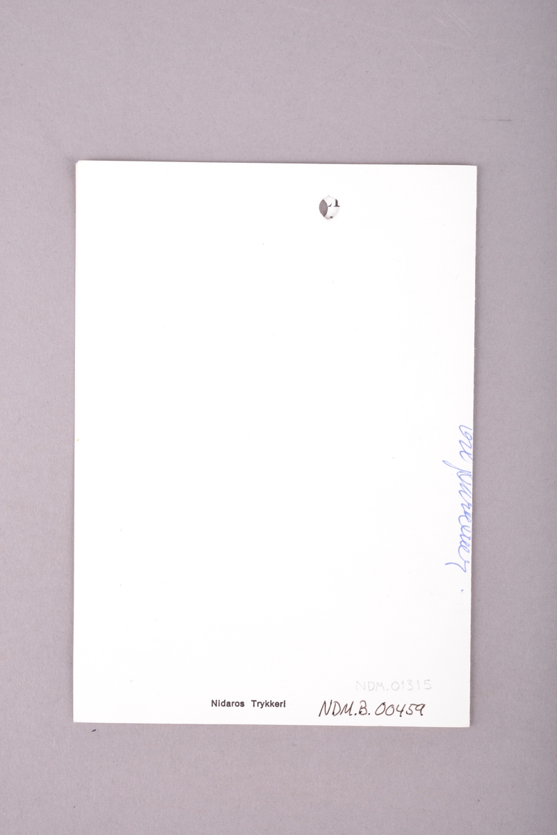 Hefte bestående av ett brettet ark av hvitt glanset papir. Bilde av Døveskolen på forsiden. Tekst på to sider. Svarte trykte bokstaver.