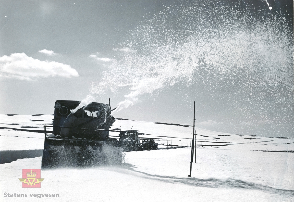 Snøbrøyting på Hardangervidda, trolig like etter krigen 1940 til 1945. Tyskerne etterlot seg et stort antall snøfresere Peterfres som ble brukt for å åpne vinterstengt veg fram mot rundt 1980. Den siste av disse er tatt vare på og utstilt på Norsk Vegmuseum Labro.
