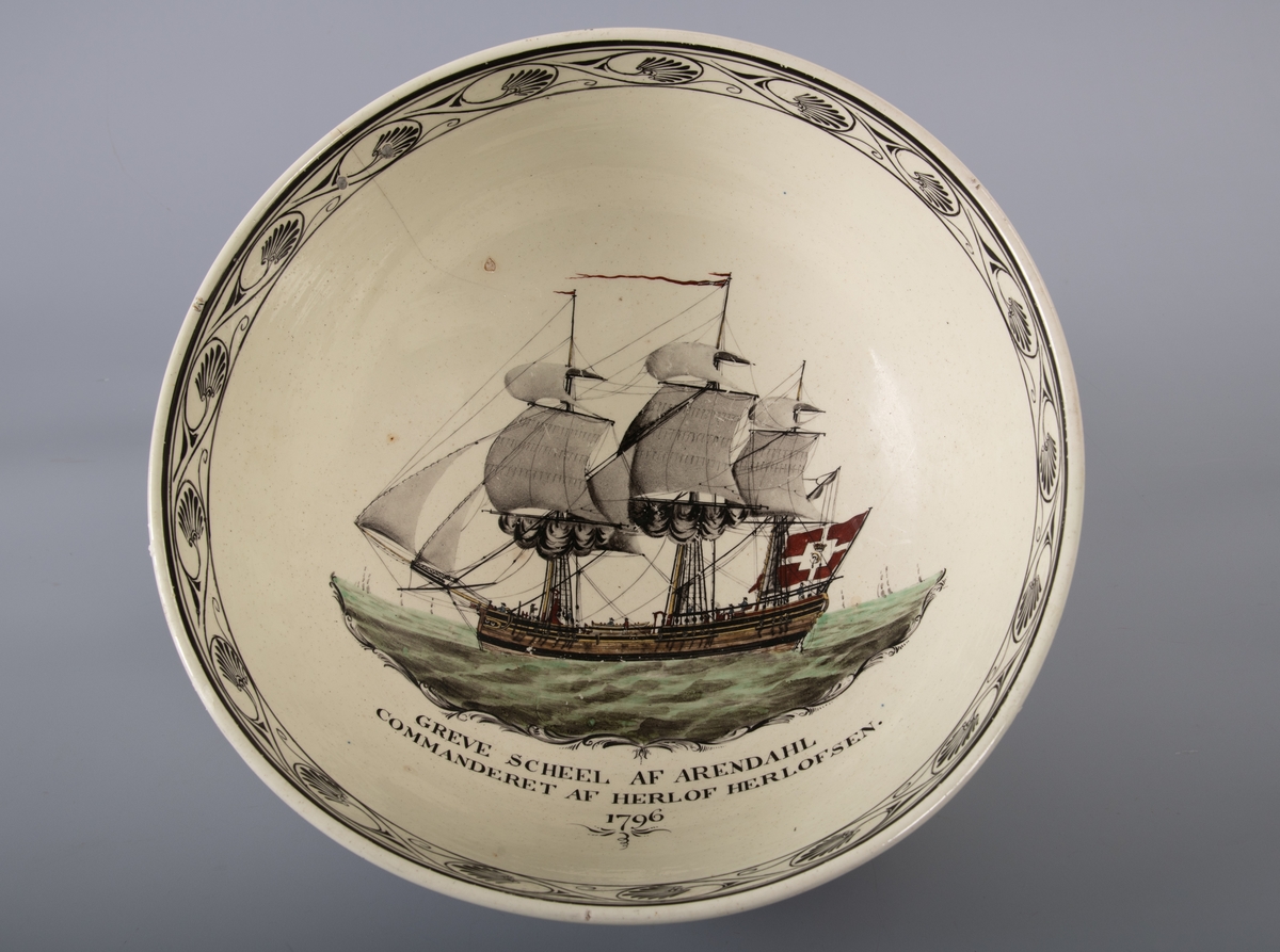 Skutebilde, fregatt "Grev Scheel", av Arendal. Ført av  Herlof Herlofsen i 1796.