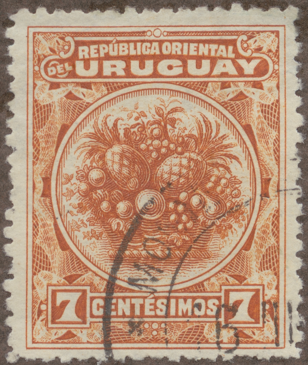 Frimärke ur Gösta Bodmans filatelistiska motivsamling, påbörjad 1950.
Frimärke från Uruguay, 1901. Motiv av frukter.
