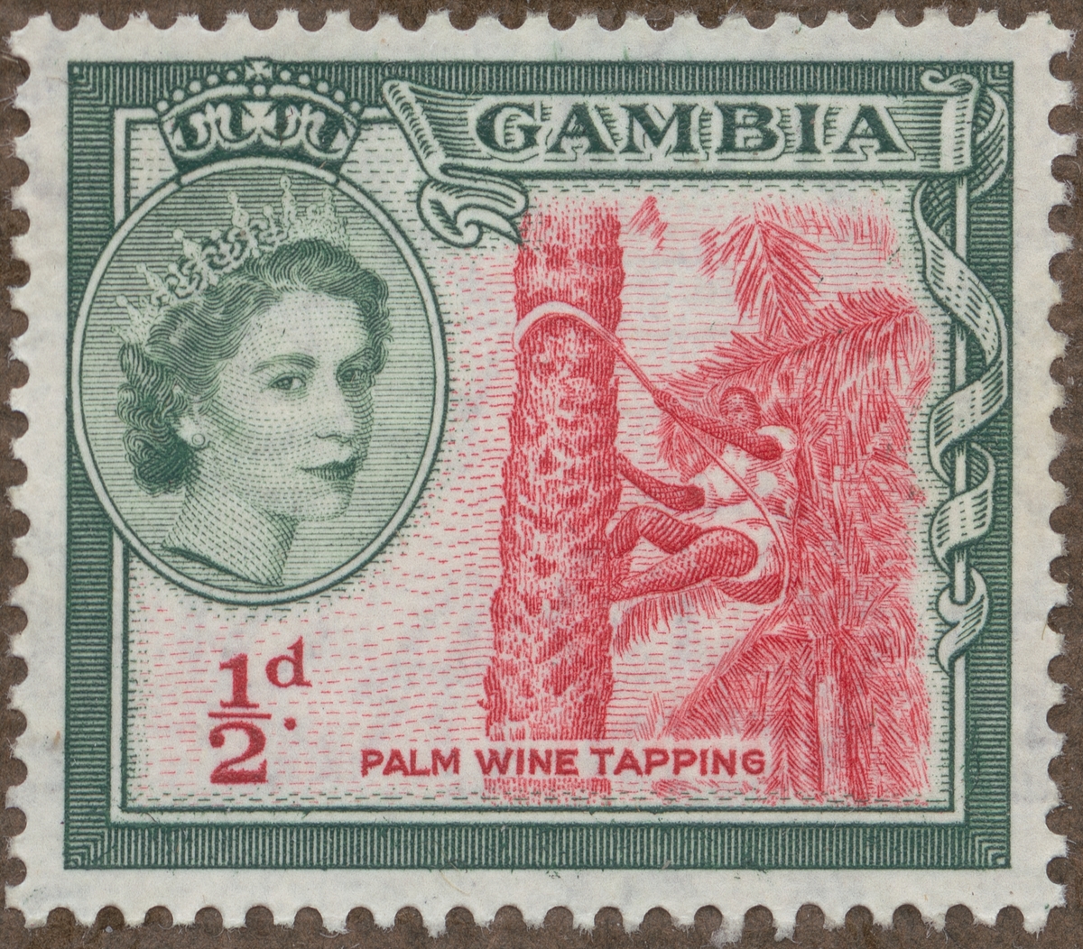 Frimärke ur Gösta Bodmans filatelistiska motivsamling, påbörjad 1950.
Frimärke från Gambia, 1953. Motiv av tappning av palmvin. T.v. Drottning Elizabeth II.