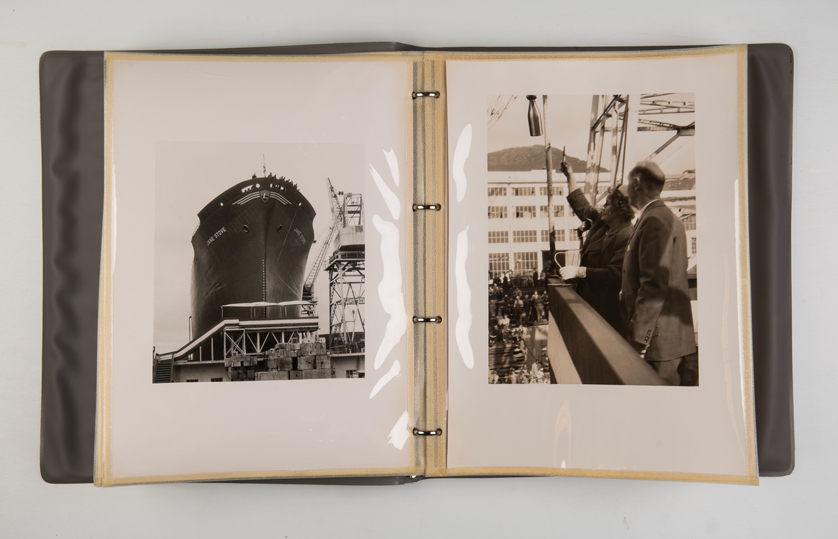 Fotoalbum med fotografier fra stabelavløpningen til M/S 'Jane Stove' ved Bergens mekaniske verksted