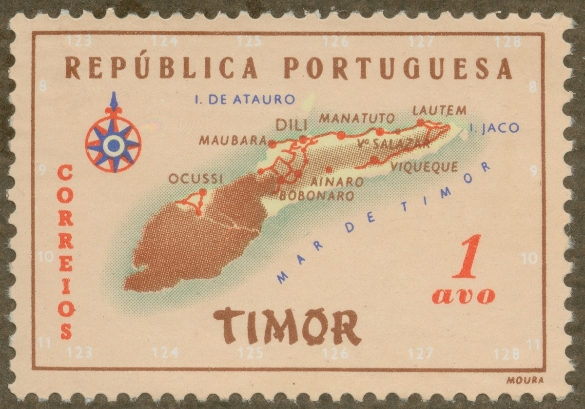 Frimärke ur Gösta Bodmans filatelistiska motivsamling, påbörjad 1950.
Frimärke från Timor, 1956. Karta över Timor. "Portugisik koloni".