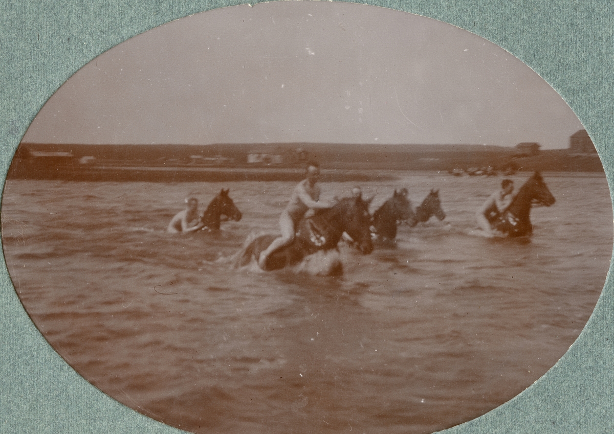 Soldater och hästar vid stranden.