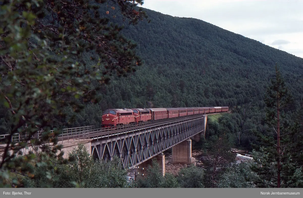 Diesellokomotiver Di 3 617 og 605 med sørgående dagtog 452 på Raufjellfossen bru