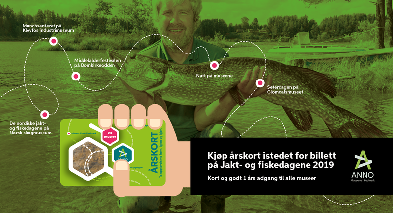 Webbanner med informasjon om at man kan kjøpe årskort i stedet for billett til jakt- og fiskedagene. Bakgrunnsbilde av Kjetil Rukan med ens tor gjedde. (Foto/Photo)