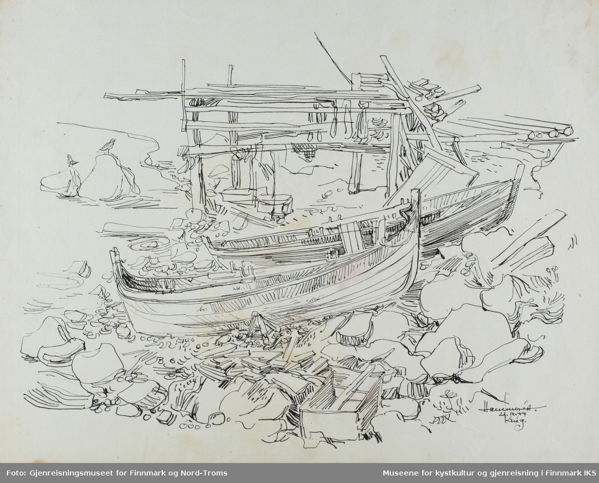 Tegninger av robåter og hjell i fjæra i Hammerfest.