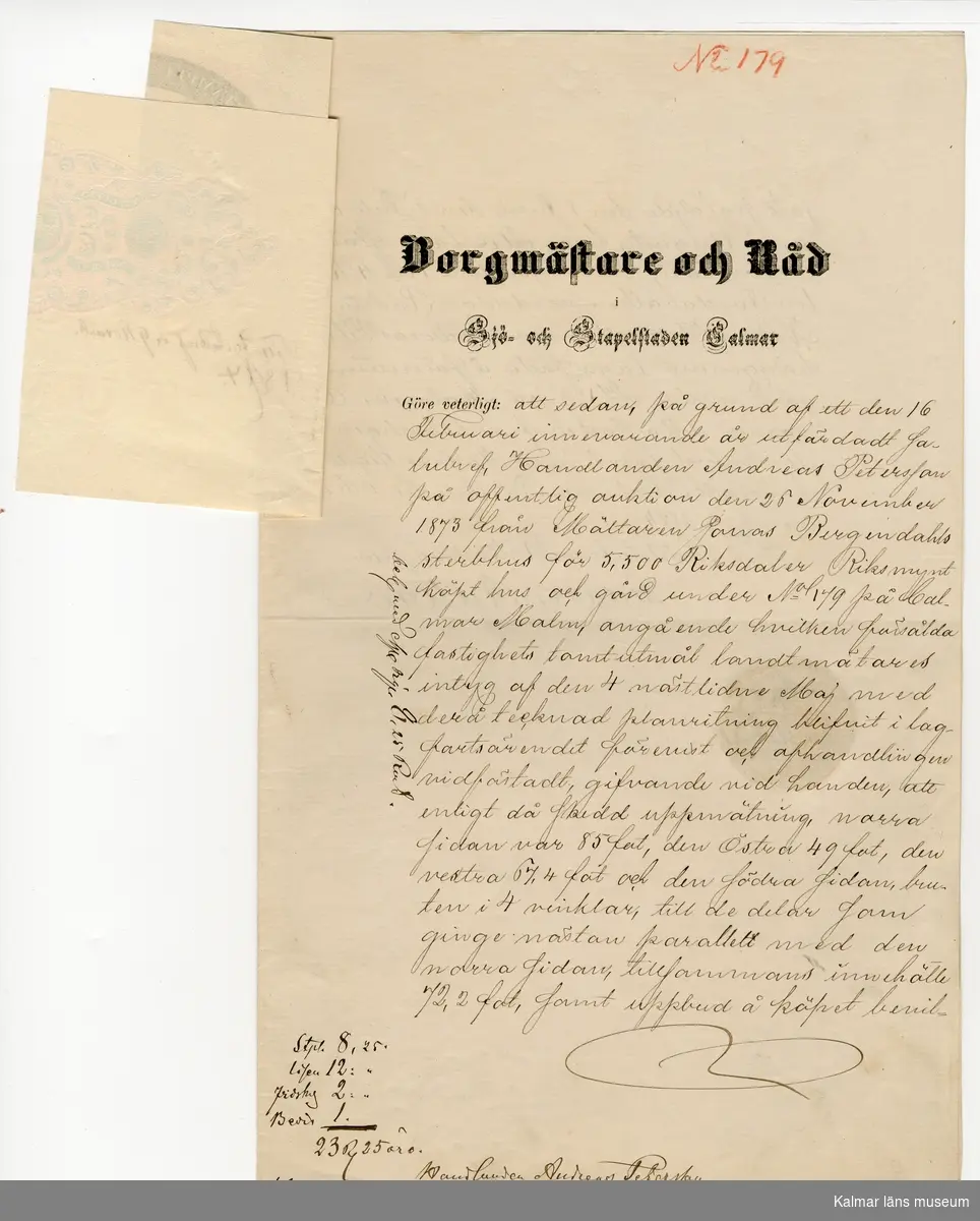 KLM 46339:15. Arkivhandling, fastebrev. Handskriven text på vitt papper, två sidor med rådstuvurättens sigill.