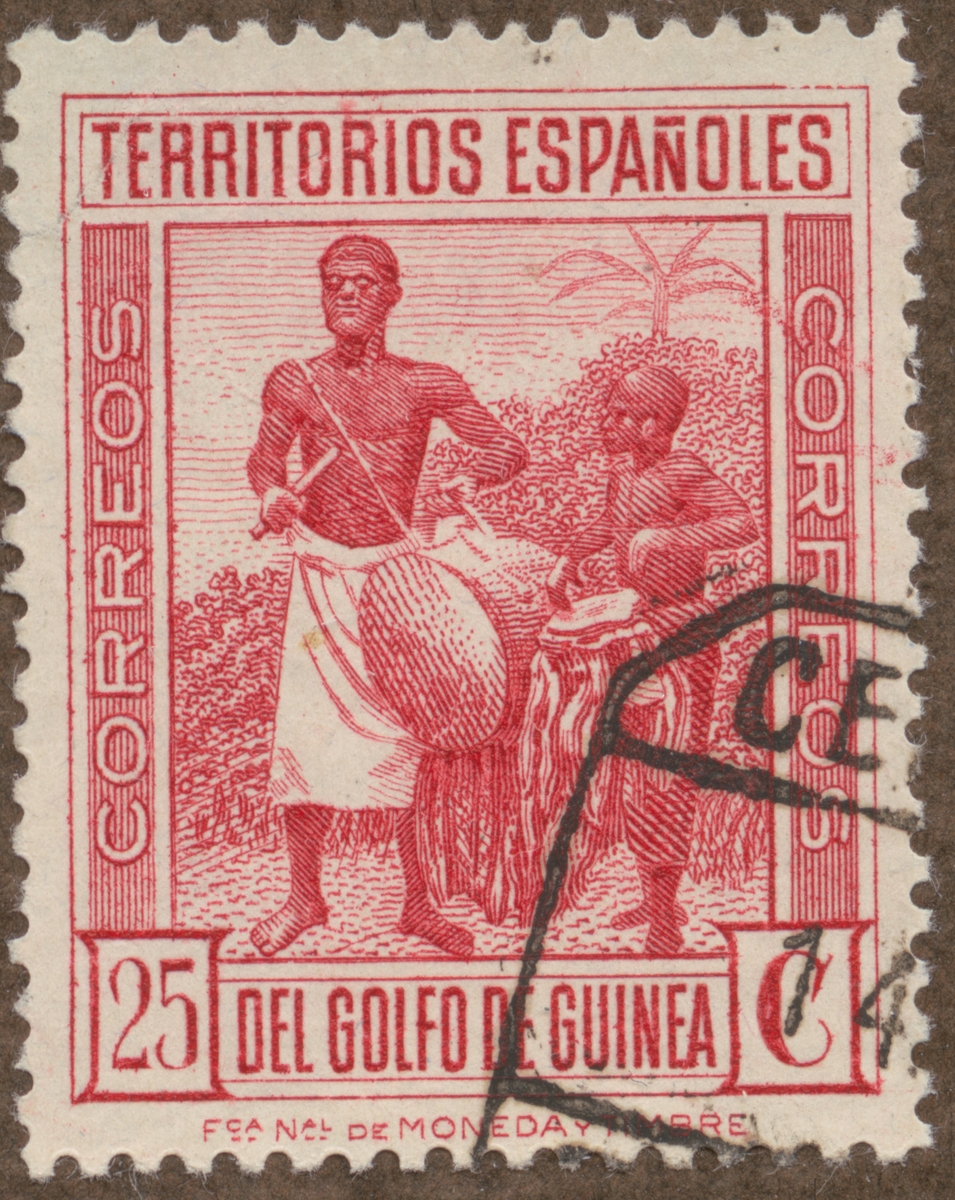 Frimärke ur Gösta Bodmans filatelistiska motivsamling, påbörjad 1950.
Frimärke från Spanska Guinea, 1931. Motiv av män med signaltrummor.