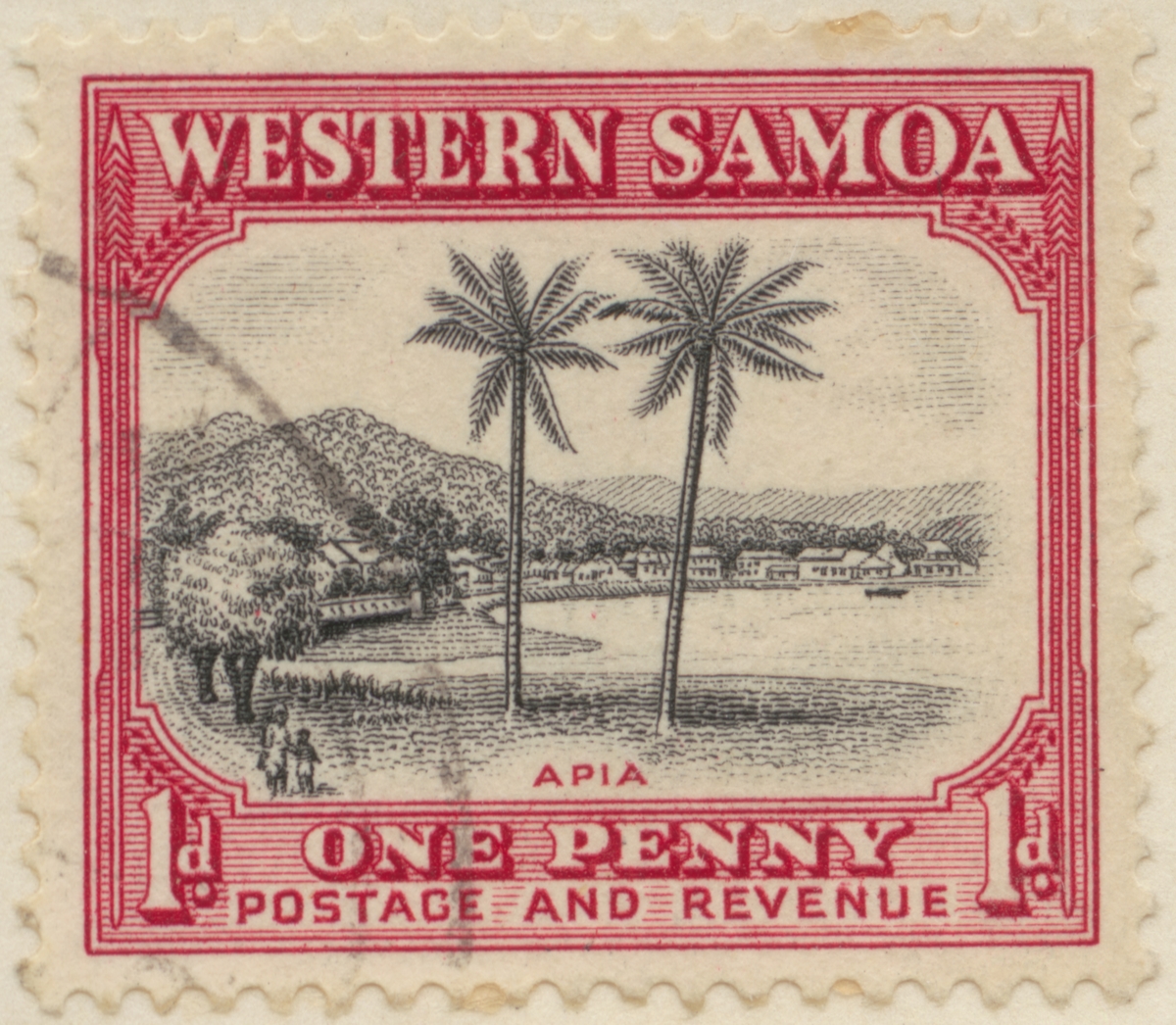 Frimärke ur Gösta Bodmans filatelistiska motivsamling, påbörjad 1950.
Frimärke från Samoaöarna, 1935. Motiv av palmer vid huvudstaden Apia på ön Upolu.