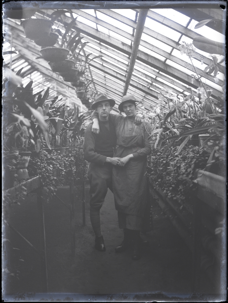 En man och en kvinna med armarna om varandra i ett växthus