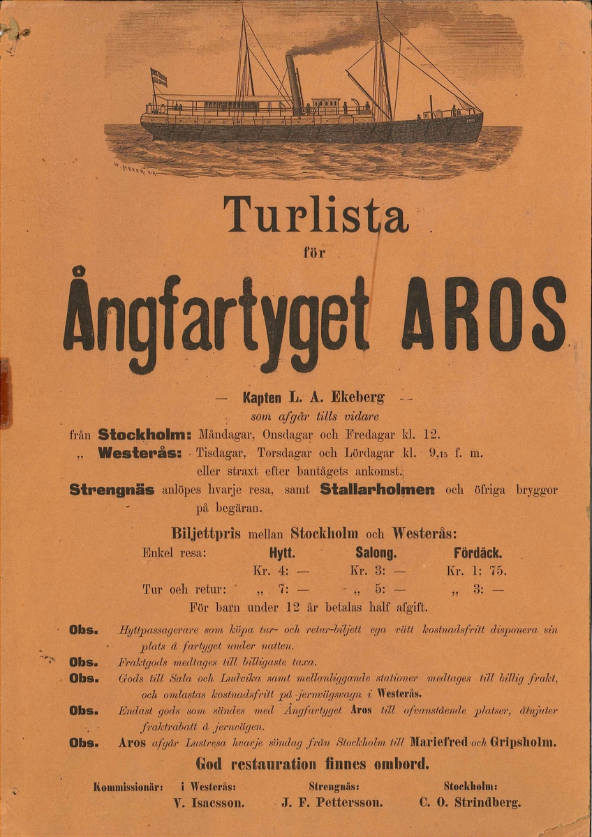 'Turlista för Ångfartyget AROS' .