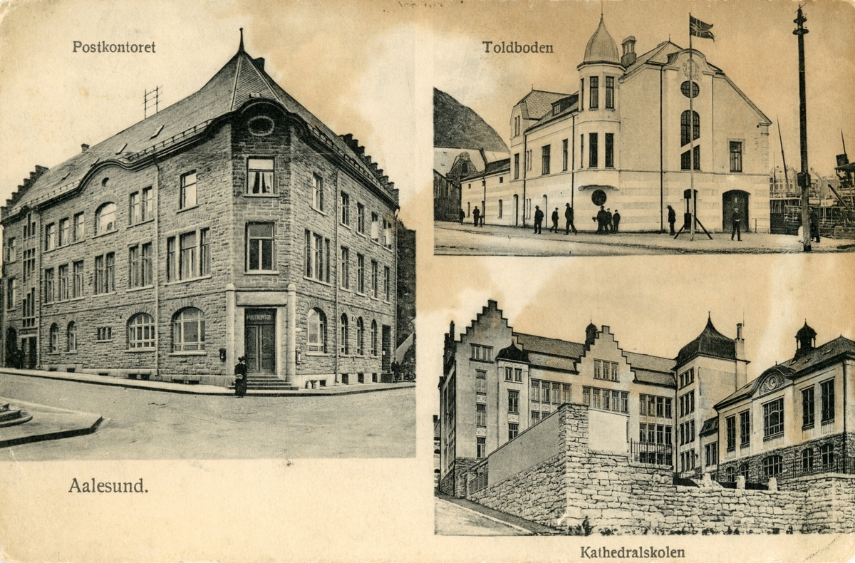 Prospektkort med prospektfotografier av Postkontoret, Toldboden og Kathedralskolen i Ålesund.