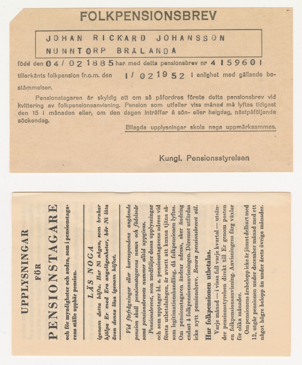 Pensionsbrev för Johan Rickard Johansson i Nunntorp i Brålanda år 1952.