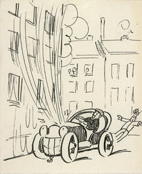 Karikatur av at en "karbid-bil" eksploderer [tusjtegning]