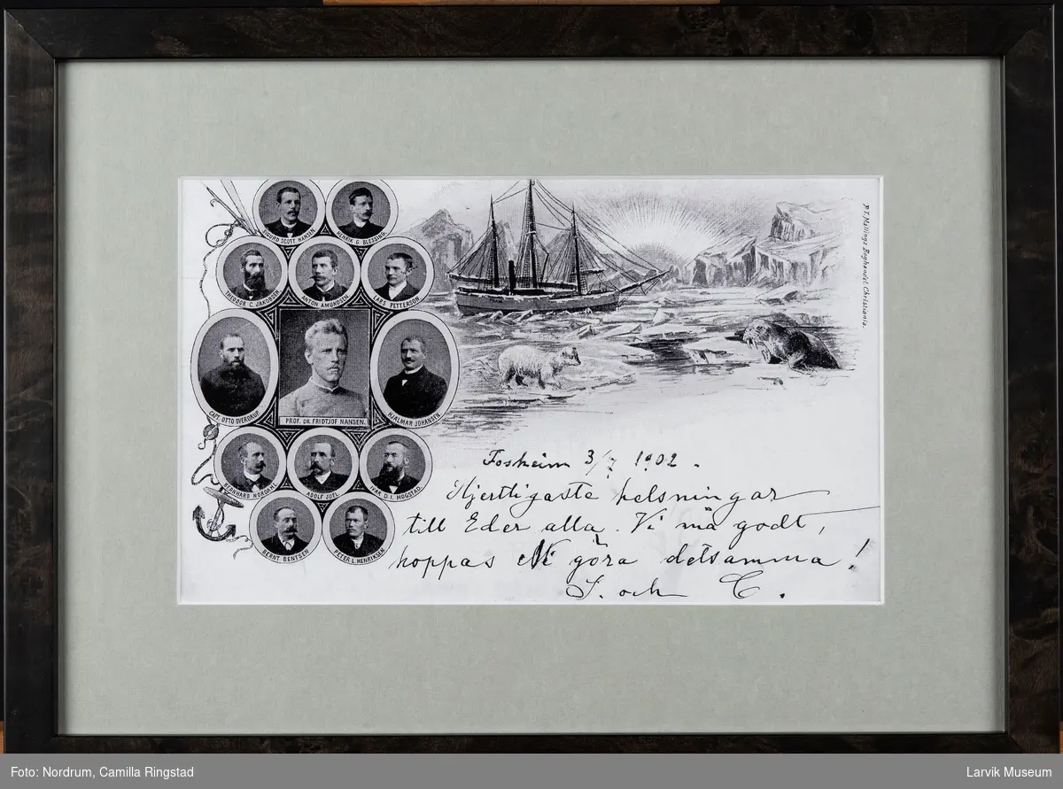 Illustrasjon fra Fridtjof Nansen's ekspedisjon, kryssing av Polhavet med Fram, 1893 - 1896.
Portretter av hans mannskap innfelt.