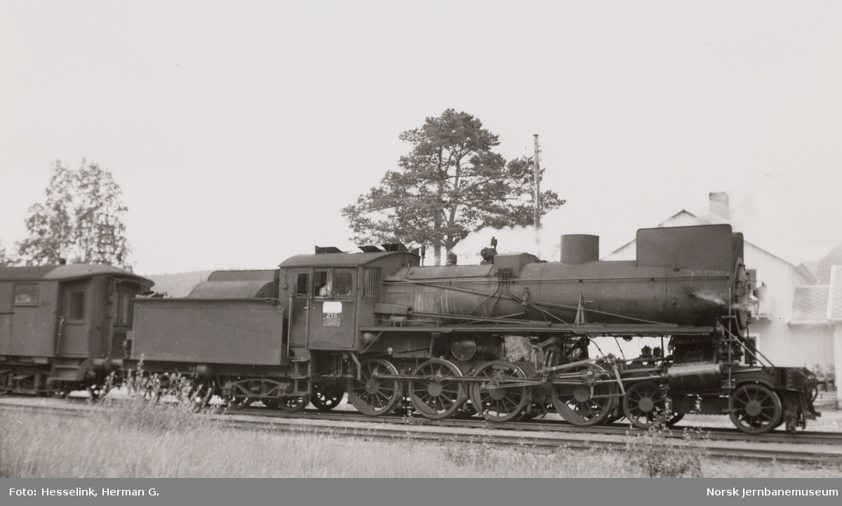 Damplokomotiv type 26a nr. 216 med dagtoget fra Oslo Ø til Trondheim over Røros, tog 301, på Auma stasjon
